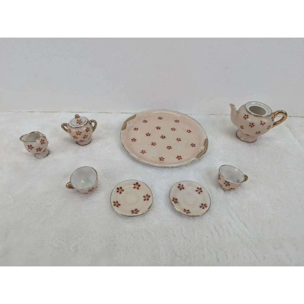 Vintage Occupied Japan Miniature Porcelain Tea Set Tray Teapot Cups Gold‎ Trim